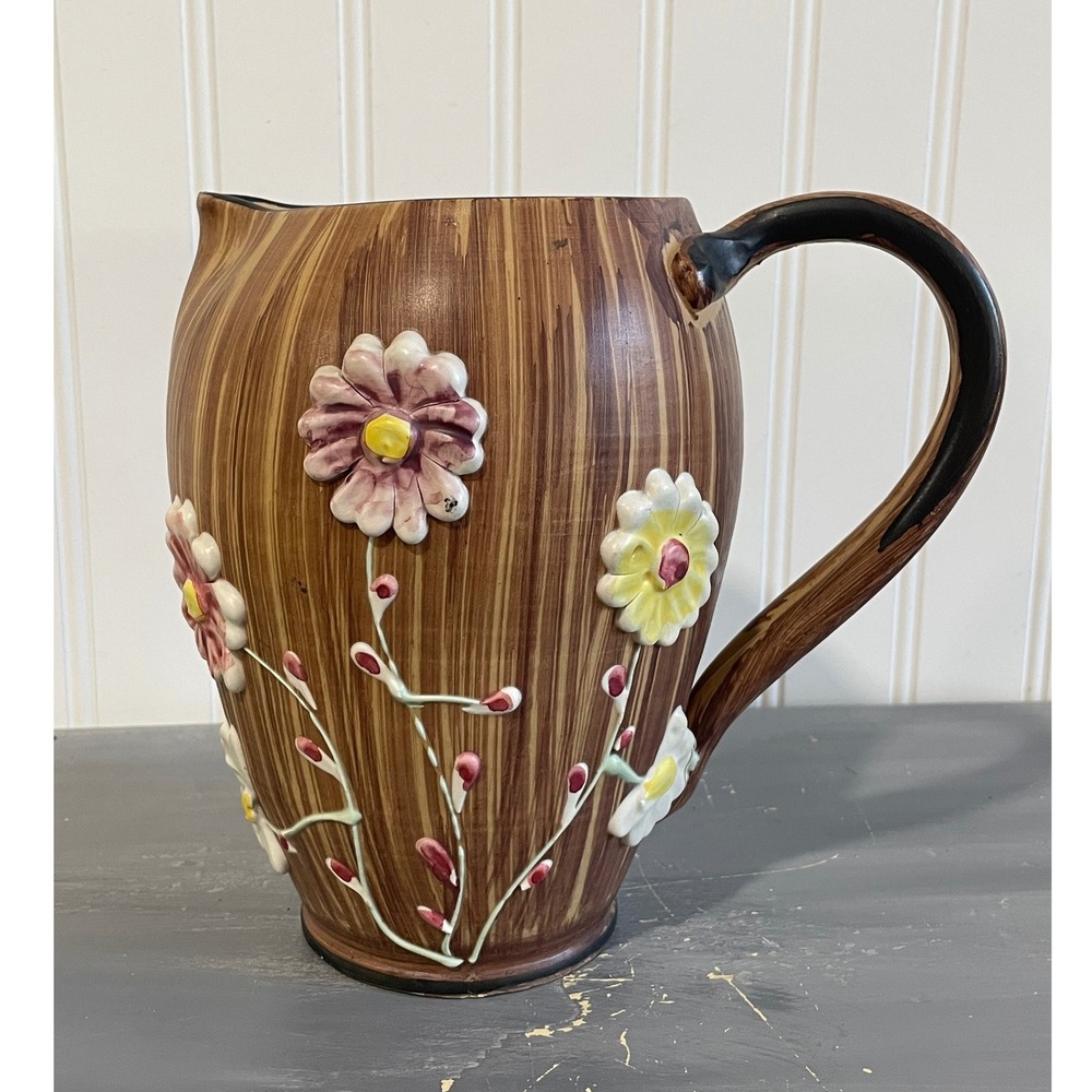 Vintage Hand Painted Italy Ceramic Floral Pitcher Brown‎ Wood Grain 3D Daisy Jug